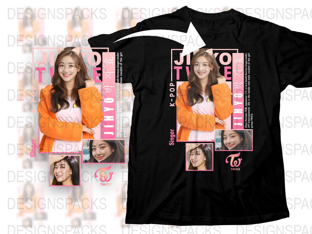Twice Kpop T-shirt, Jihyo Fan Merch, Black Tee with Pink Graphics, Korean Pop Music Apparel, Unisex Clothing Gift Ideas