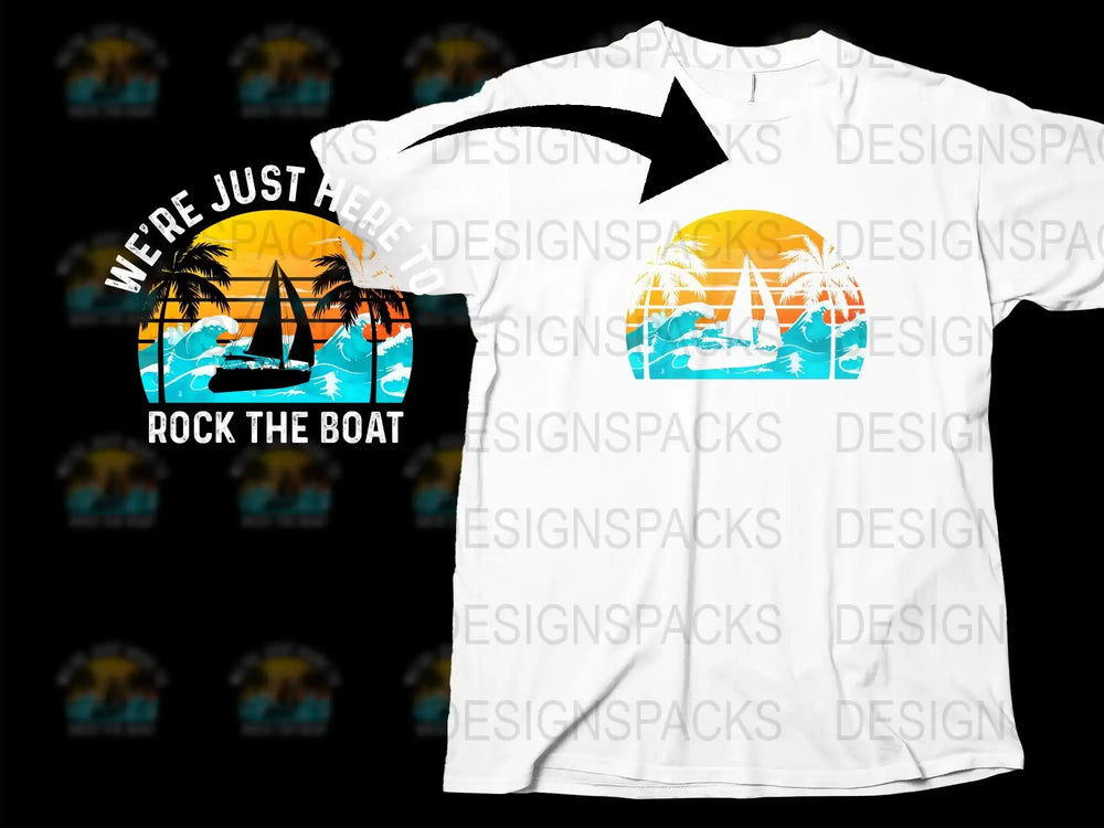 Tropical Beach Sunset Graphic T-Shirt, 'We're Just Here to Rock the Boat' Tee, Unisex Summer Fashion