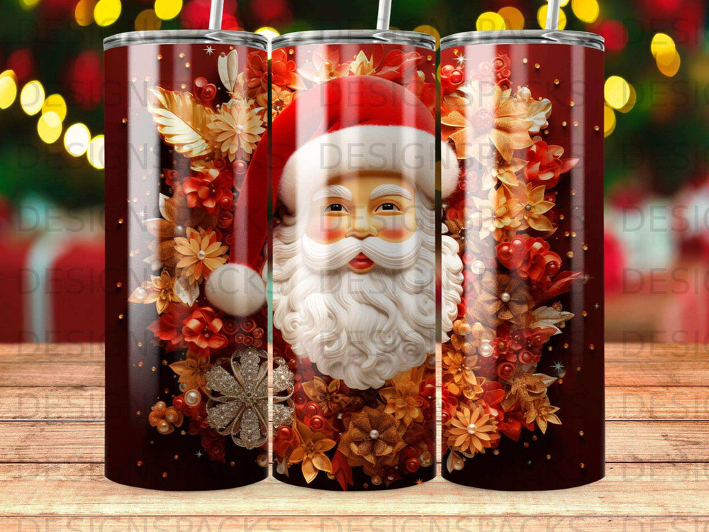 Santa Claus with red and gold floral accents on a dark background.