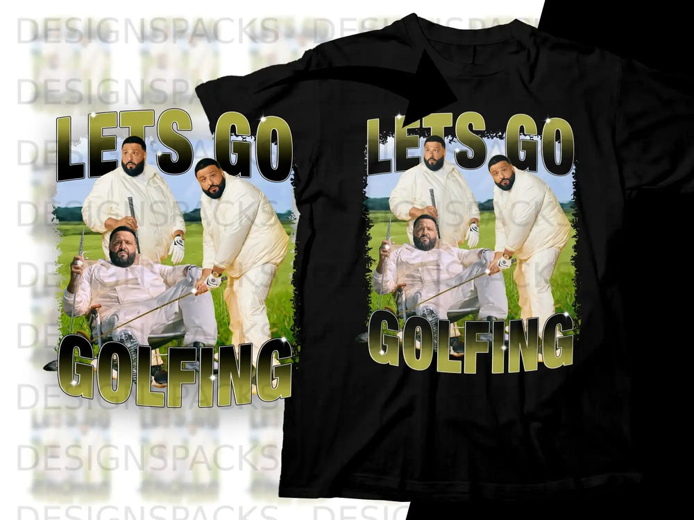 Two t-shirts with a graphic of two men in chairs, text "Let's Go Golfing".