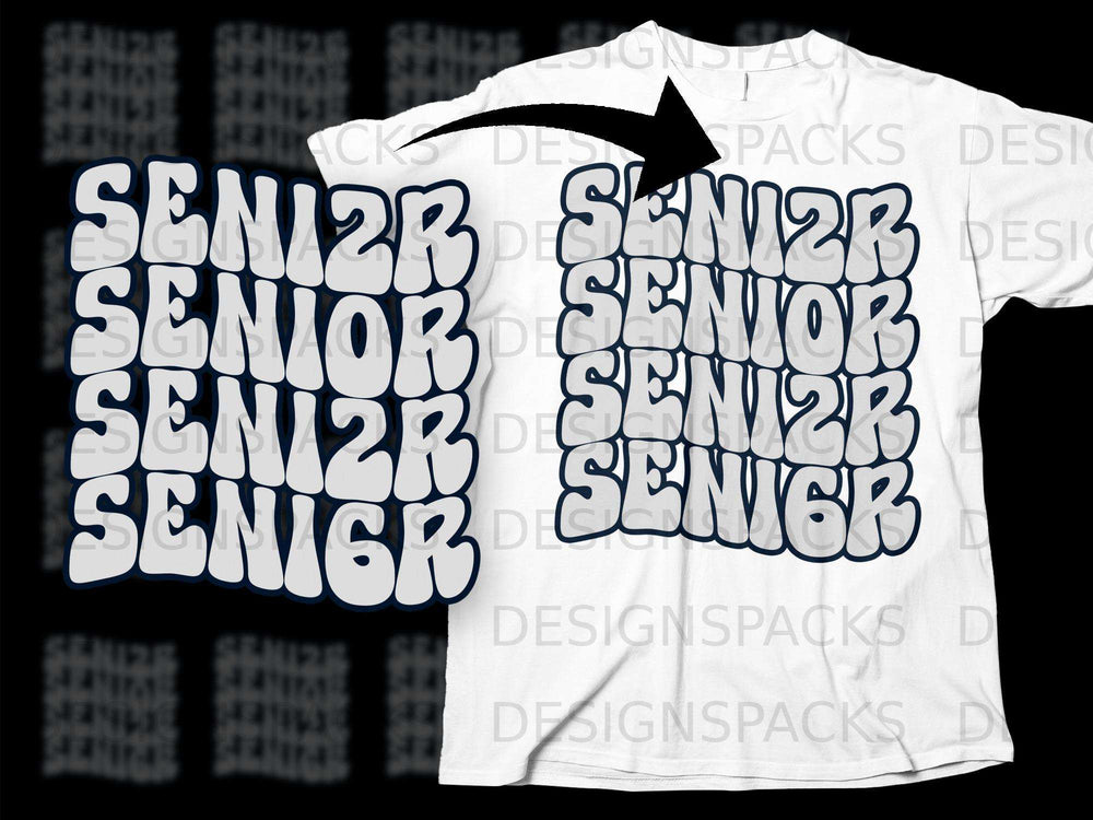 White t-shirt with repeated "SENIOR 2026" text in a bubbly font.