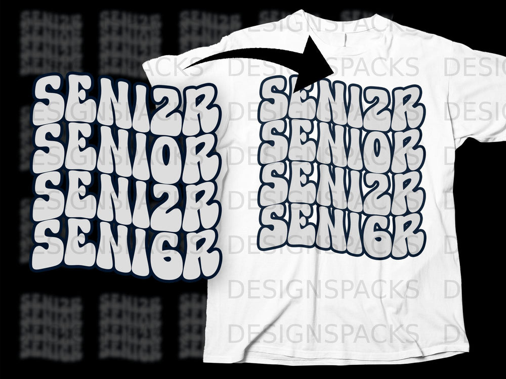 White t-shirt with repeated "SENIOR 2026" text in a bubbly font.