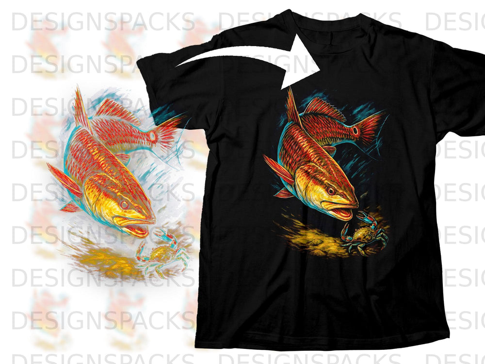 Black t-shirt with a red fish attacking a crab graphic.