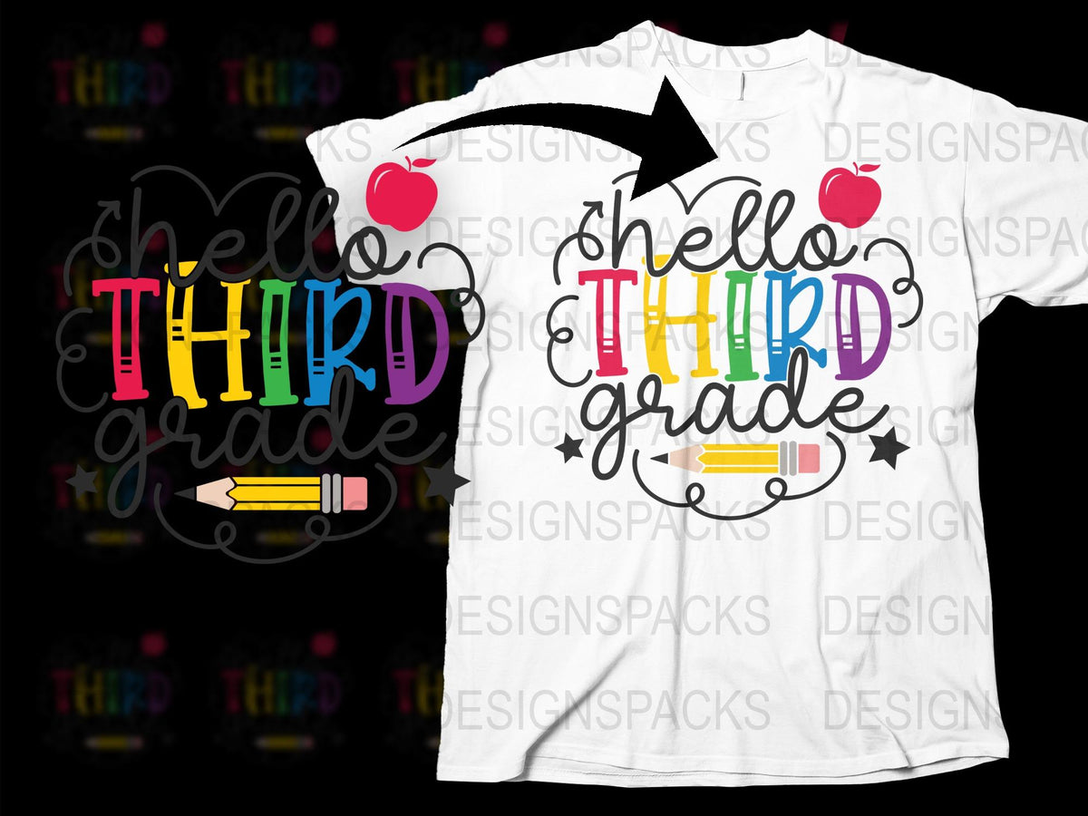 Hello Third Grade T-Shirt Colorful Apple and Pencil Design Back to School Kids Tee