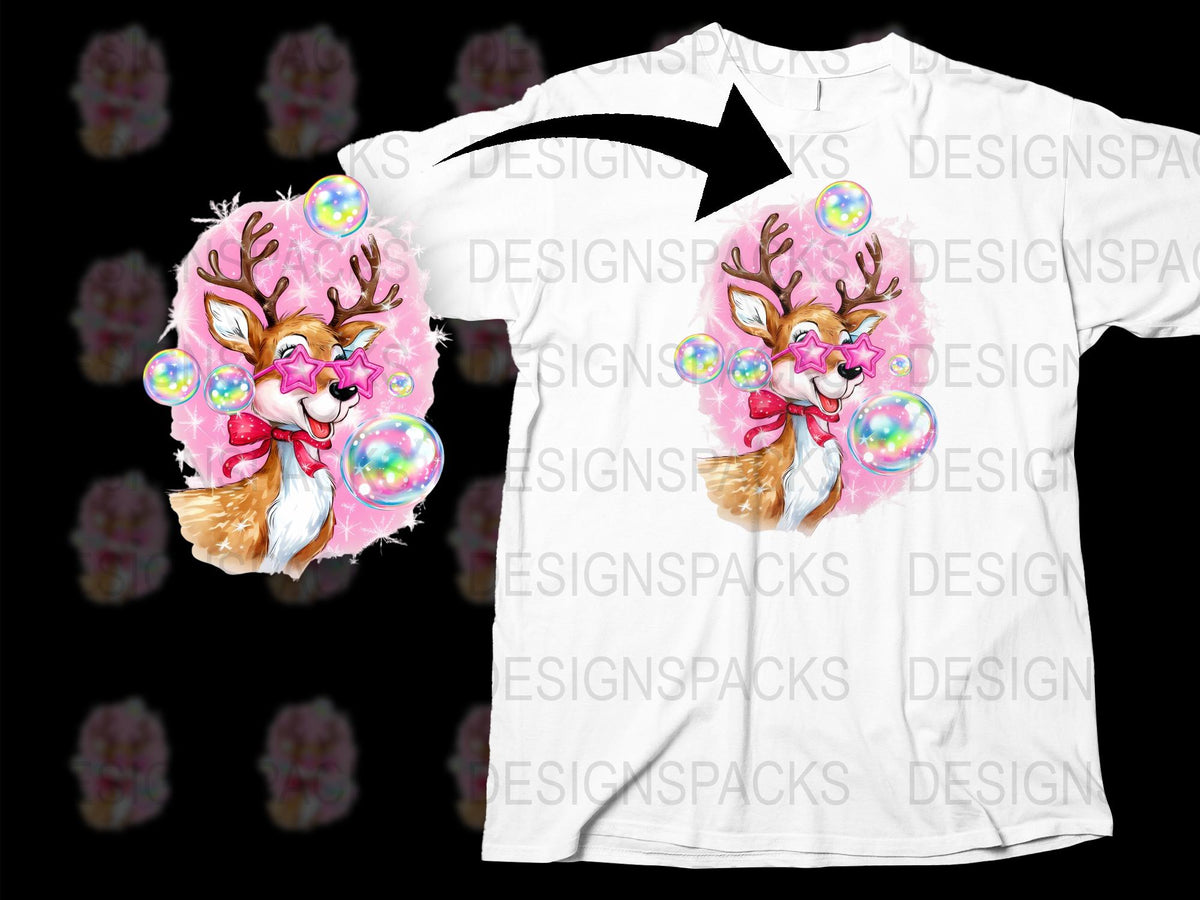 Cute Christmas Reindeer T-Shirt, Festive Holiday Tee with Bubbles, Kids and Adults Sizes Available