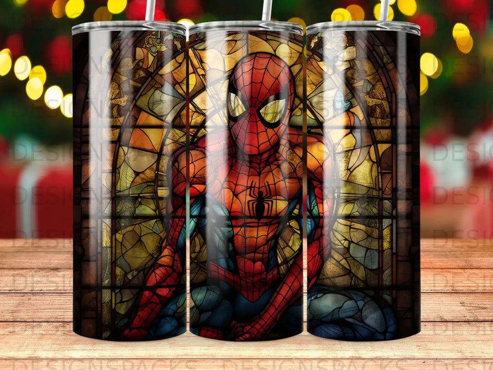 Spider-Man stained glass artwork on a tumbler.