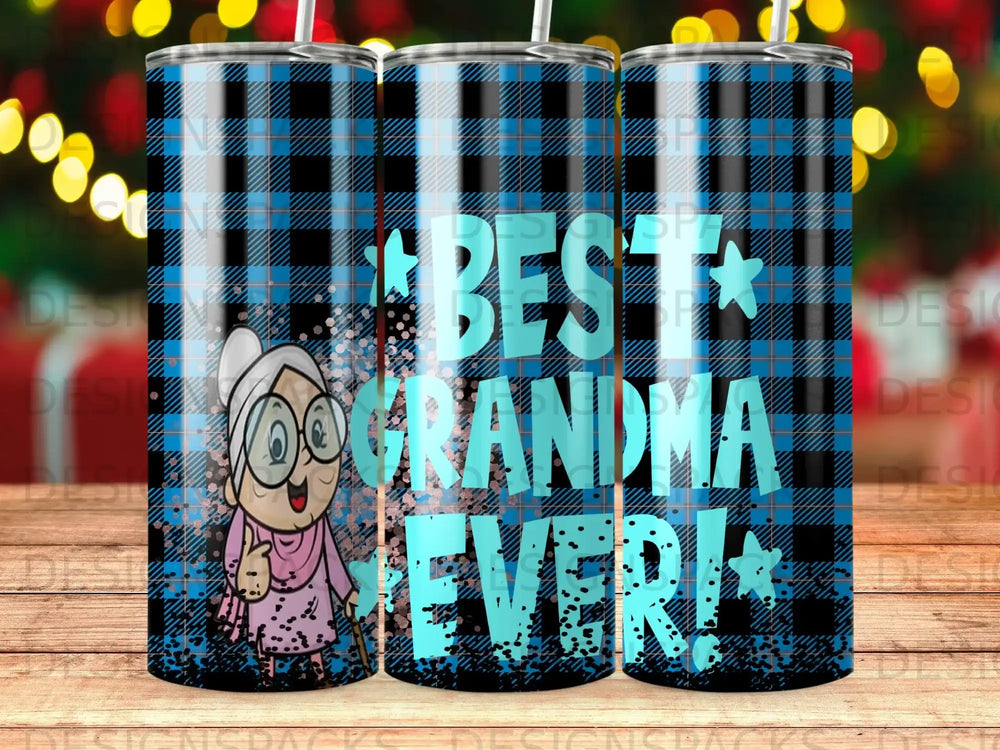 Grandma with glasses and cane on blue buffalo plaid background with "BEST GRANDMA EVER!"