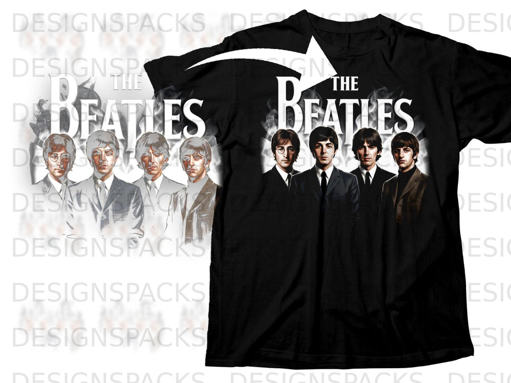 Black t-shirt featuring the Beatles band members with "THE BEATLES" logo.