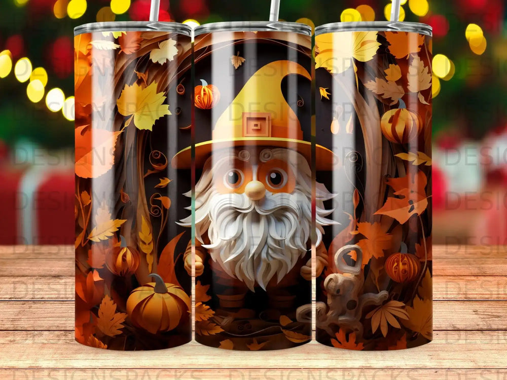 Gnome in hat with pumpkins and autumn leaves.