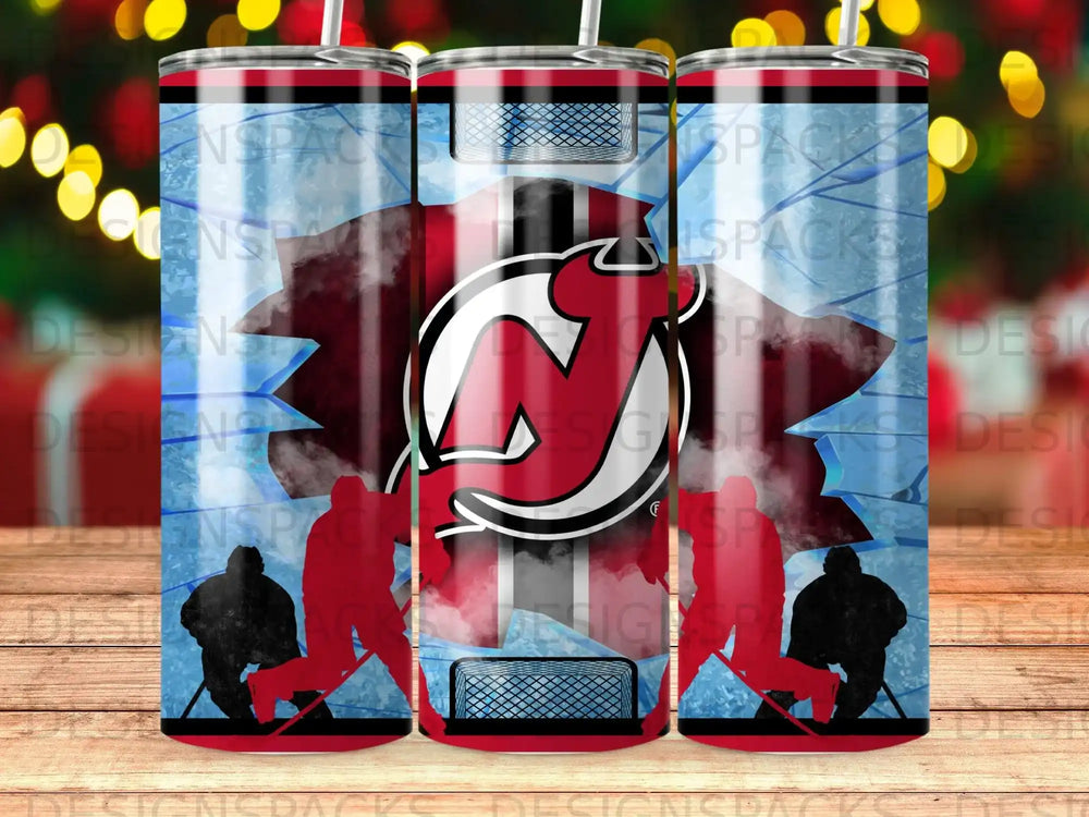 New Jersey Devils logo on a hockey-themed tumbler with silhouette skaters.