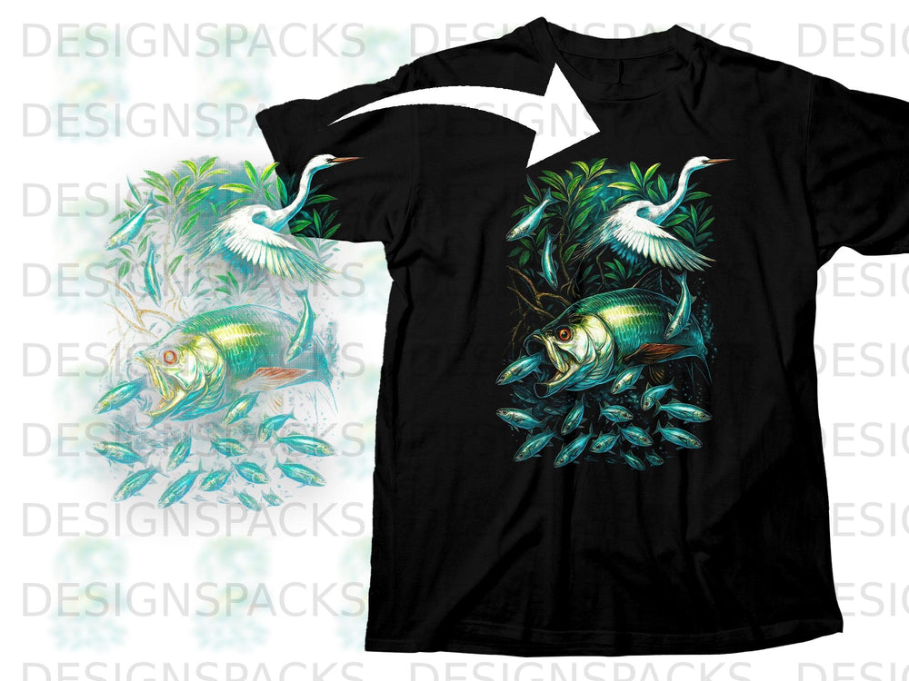 Black t-shirt with graphic of tarpon and egret surrounded by smaller fish.
