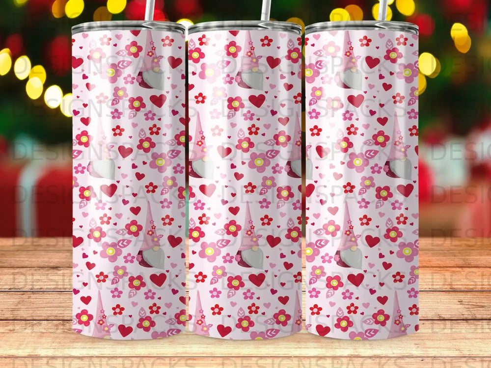 Pink gnome and floral heart pattern on a tumbler.