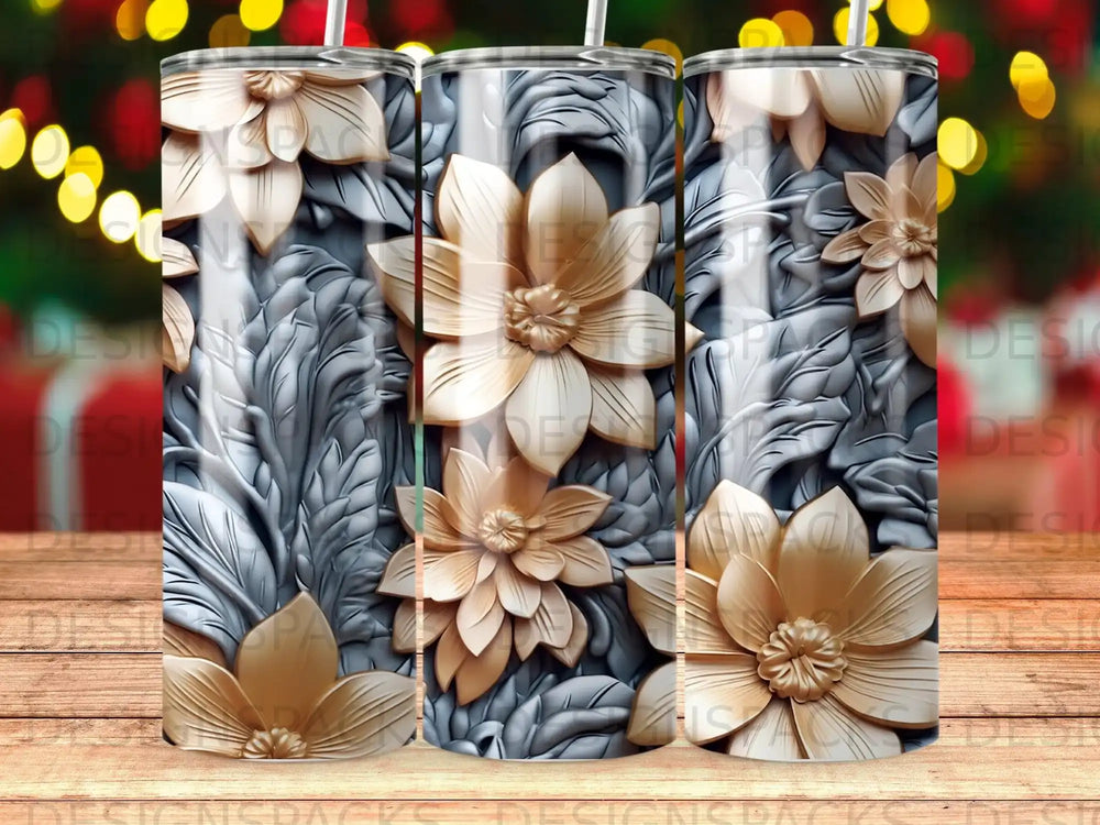 3D floral tumbler with gold flowers and textured leaves.
