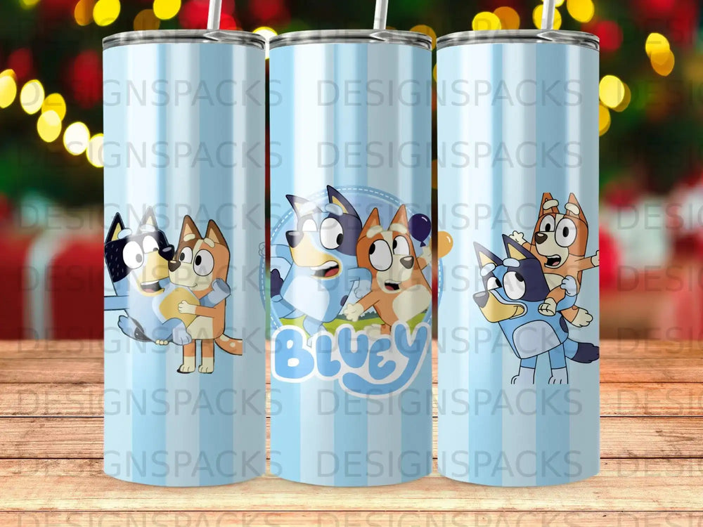 Bluey and Bingo characters on a blue and white striped tumbler.
