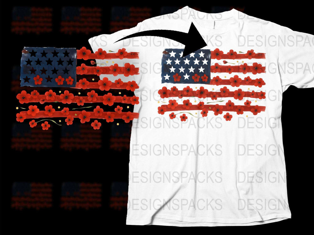 Patriotic Floral American Flag T-Shirt, Red Poppies USA Flag Tee, Unisex Graphic Independence Day Shirt