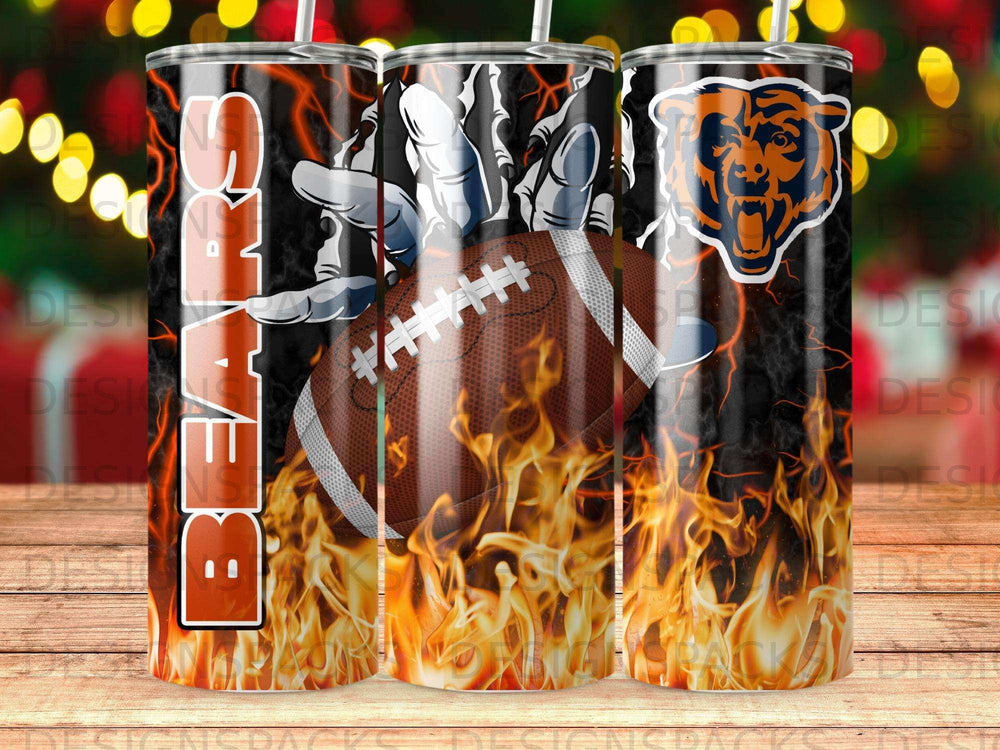 Chicago Bears football with fiery background and team logo.