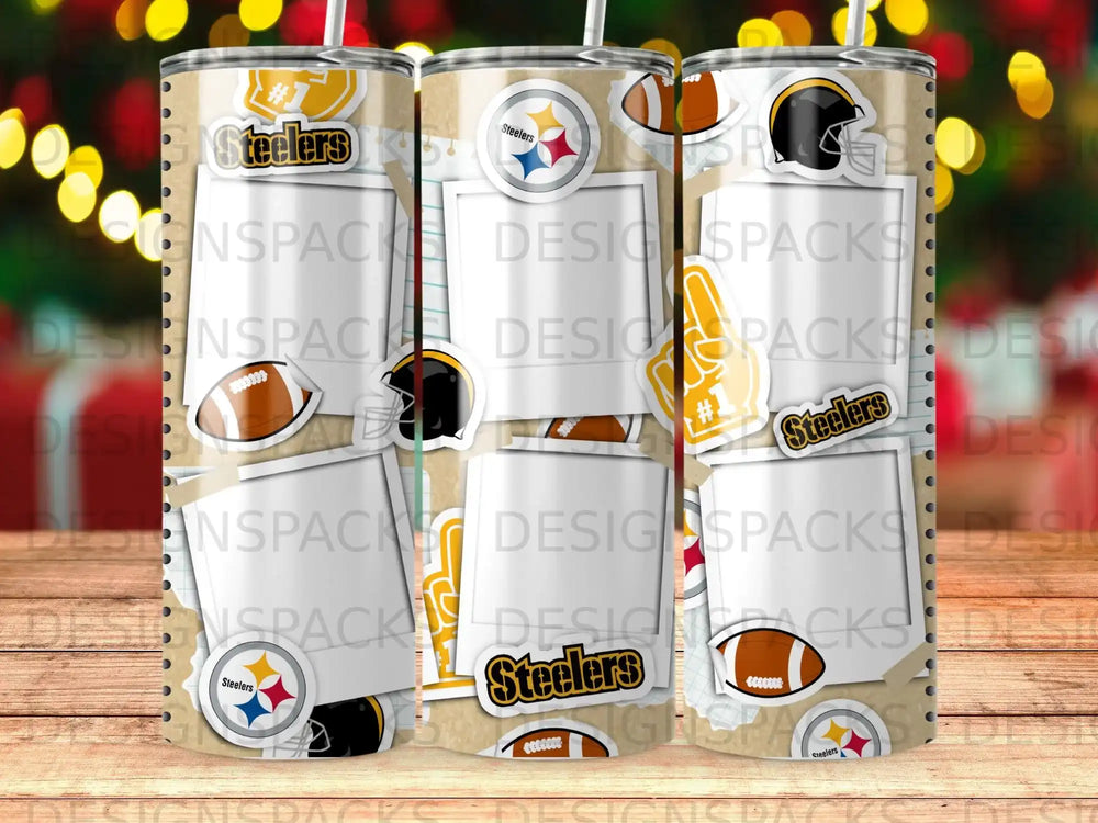 Steelers tumbler with team logos and football designs.