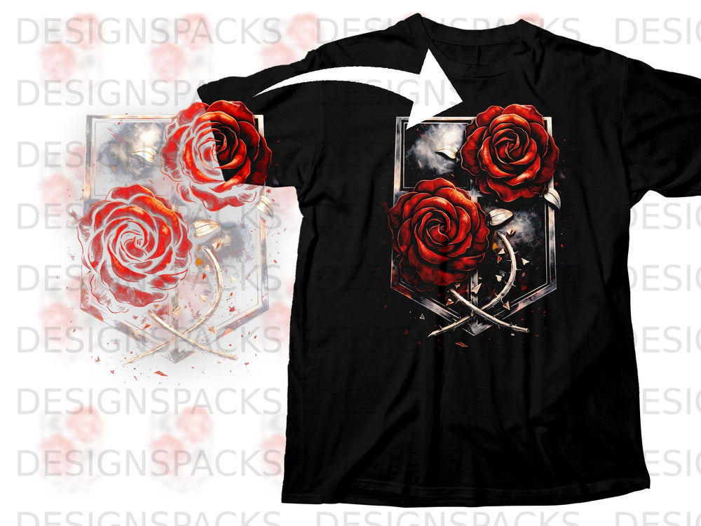Black t-shirt with a red rose design framed by thorns and a hexagonal shield.