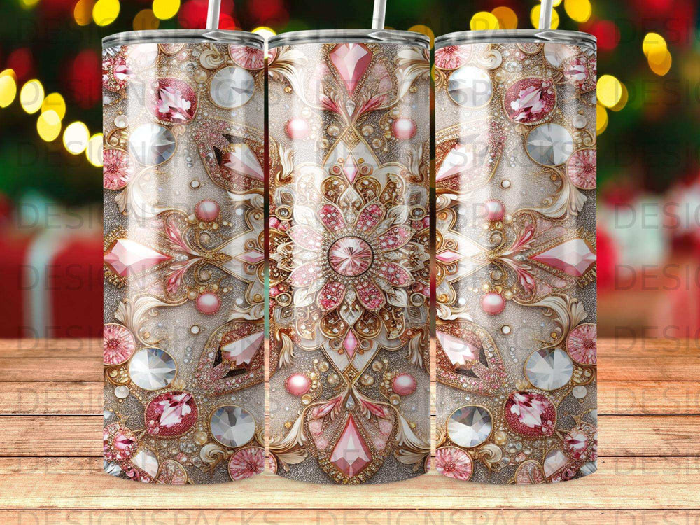 Glittering mandala design with pink gems and gold accents on a tumbler.