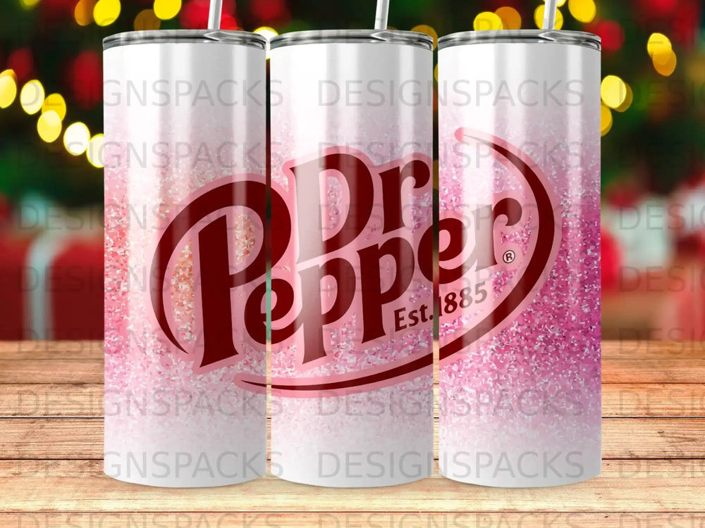 Dr. Pepper logo on a pink glitter tumbler.