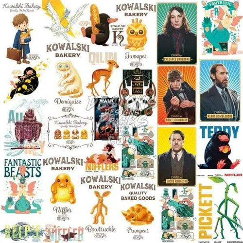 Fantastic Beasts movie characters and creatures, including Newt Scamander, Niffler, Bowtruckle, and Kowalski Bakery designs