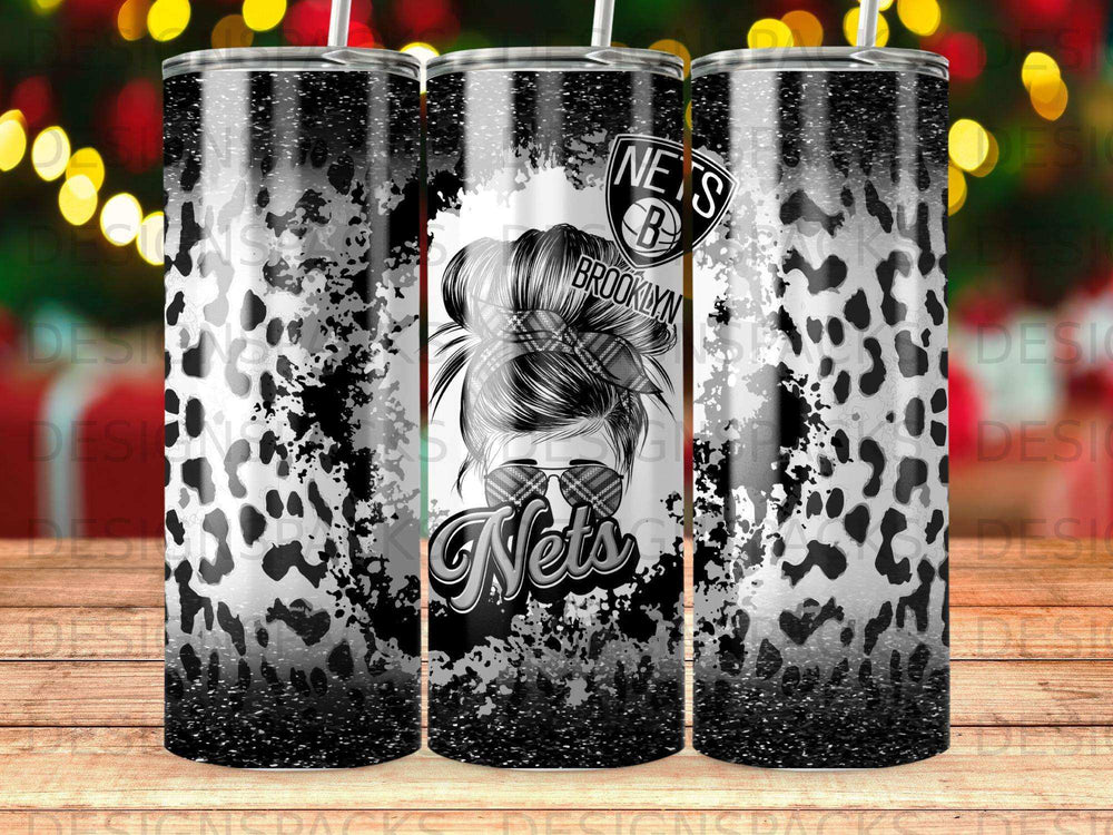 Brooklyn Nets tumbler with messy bun sunglasses design.