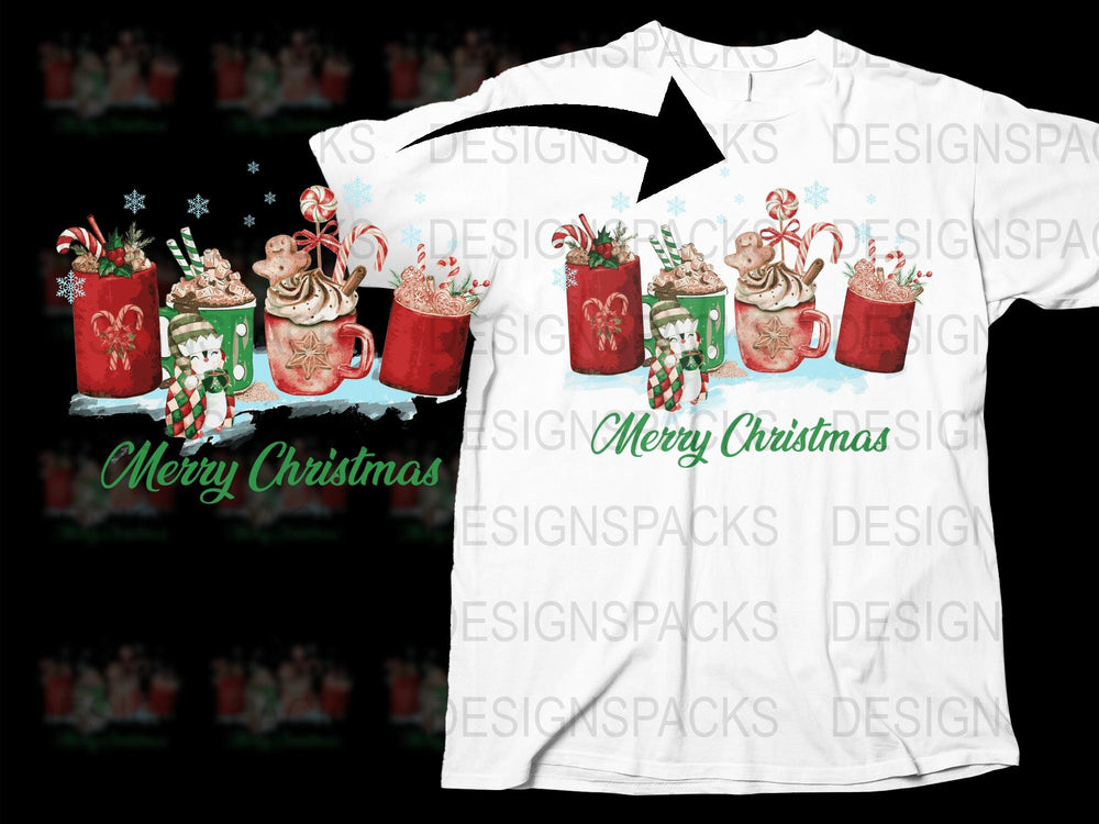 Festive Christmas T-Shirt, Merry Christmas Hot Cocoa Mugs Design, Holiday Apparel, Winter Graphic Tee for Adults and Kids