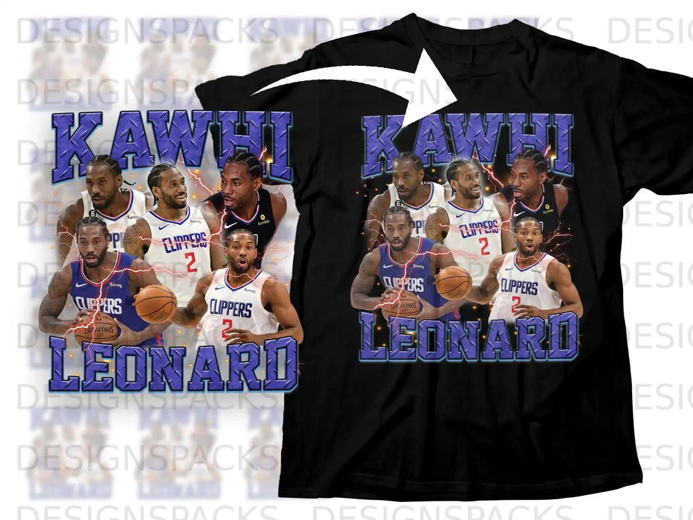 Kawhi Leonard in Los Angeles Clippers uniform on a black t-shirt.