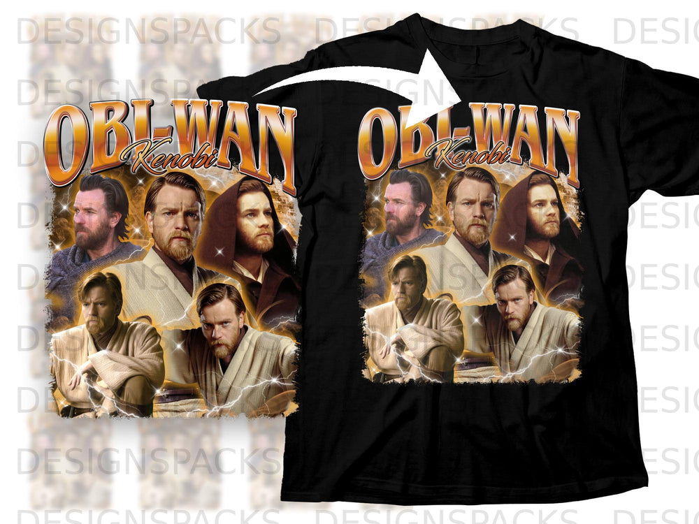 Black t-shirt with "Obi-Wan Kenobi" text and collage of Obi-Wan Kenobi actor portraits.