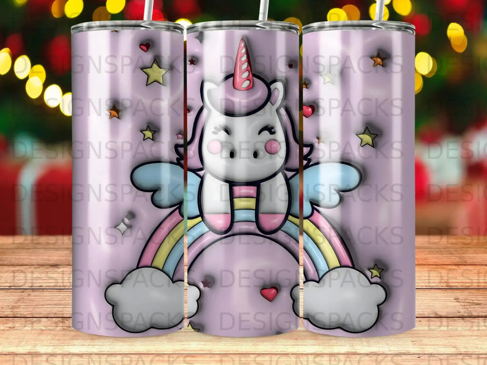 Unicorn on rainbow with pastel clouds and bokeh background.