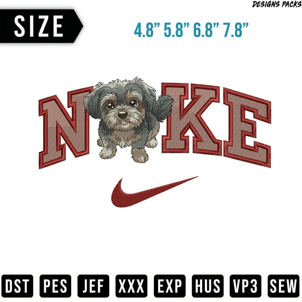 Embroidery design of a small dog inside Nike logo.