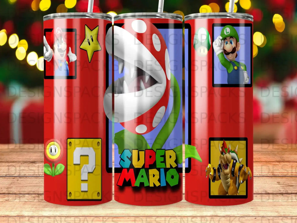 Super Mario characters and motifs on a red tumbler with the Super Mario logo.