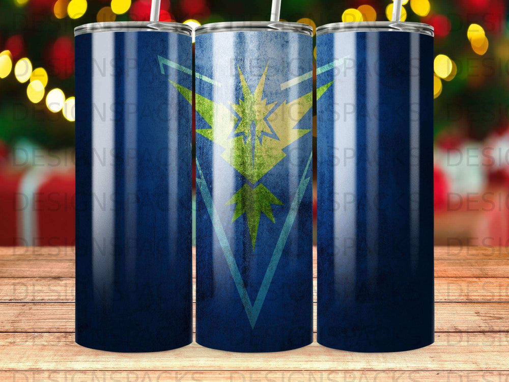 Three blue tumblers with a green and yellow Pokémon Go Instinct team logo.