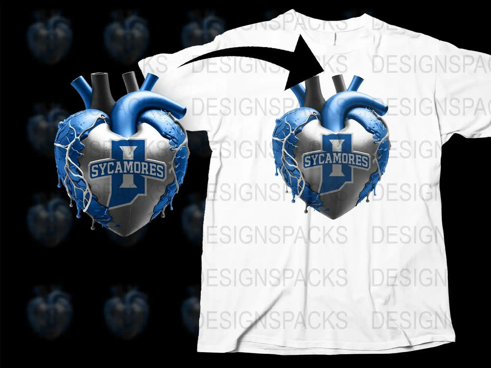 Sycamores Heart Graphic T-Shirt, Blue and Silver College Team, Stylish Sports Fan Apparel, Trendy Design Tee