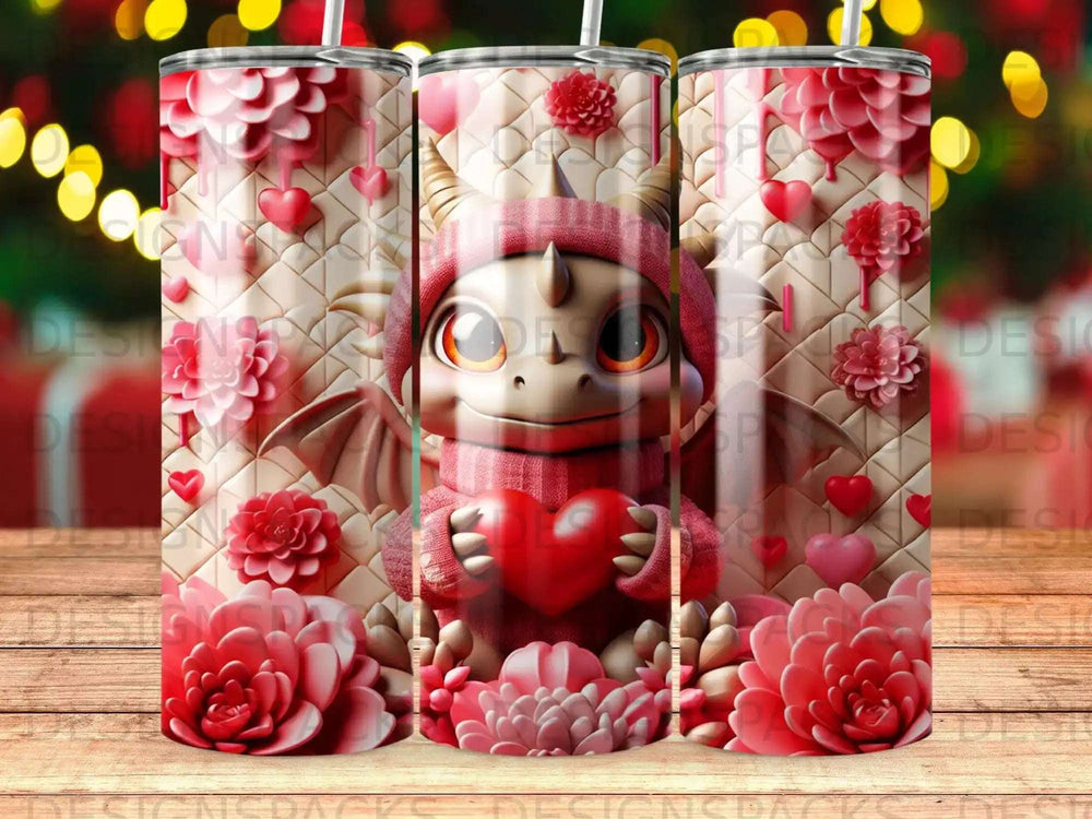 Dragon holding heart, surrounded by flowers and hearts.