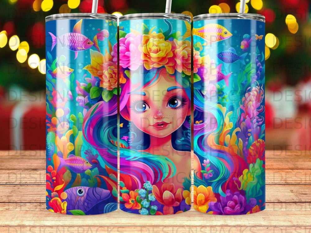 Mermaid with colorful hair and underwater scene, surrounded by fish and coral.