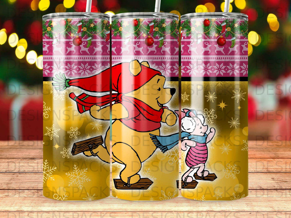 Winnie the Pooh and Piglet sledding with a Christmas-themed pattern.