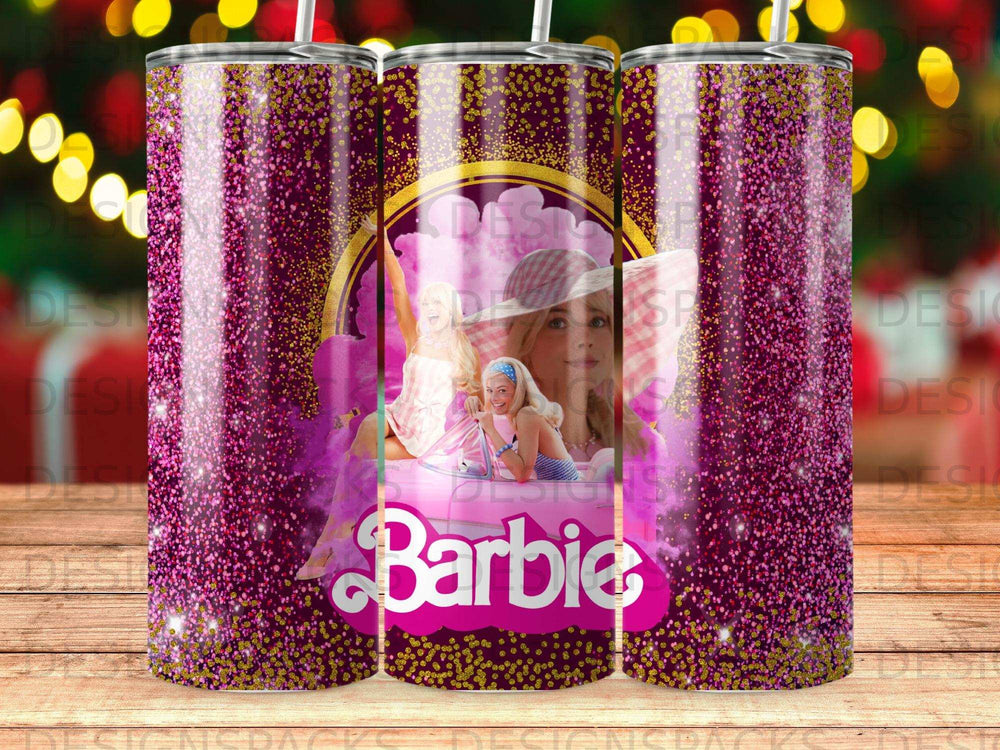 Pink glitter tumbler with Barbie logo and pink convertible car illustration.