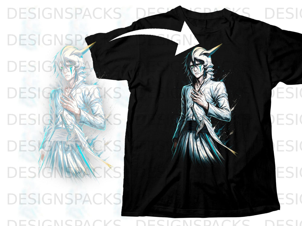 Black t-shirt featuring an anime character with white hair and green eyes.