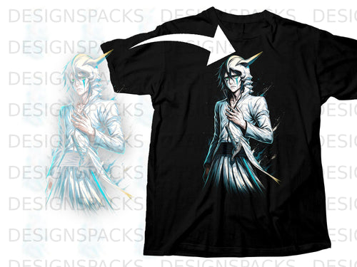 Black t-shirt featuring an anime character with white hair and green eyes.