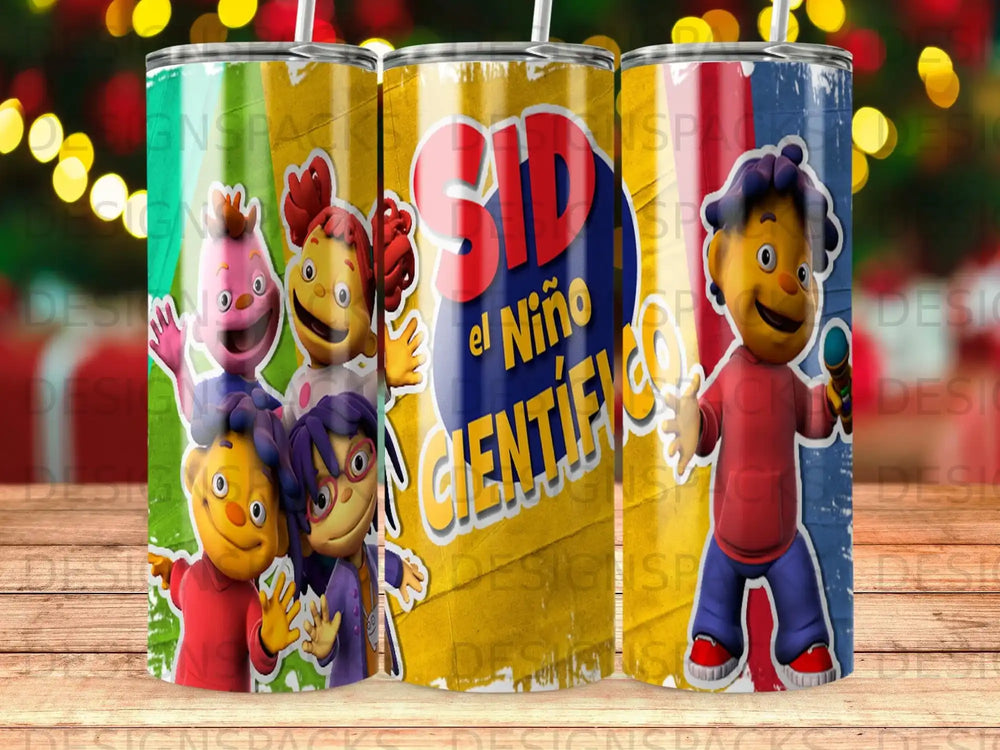 Sid the Science Kid characters and "el Niño Cientifico" logo on colorful tumblers.