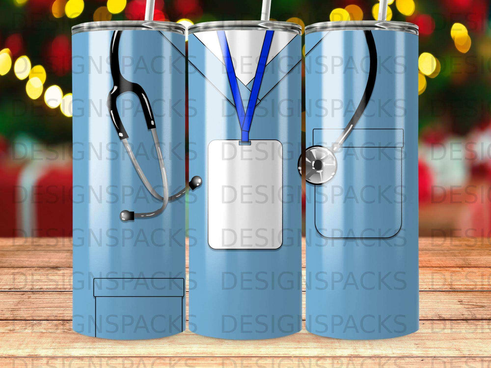Blue tumbler with stethoscope and medical scrubs design.