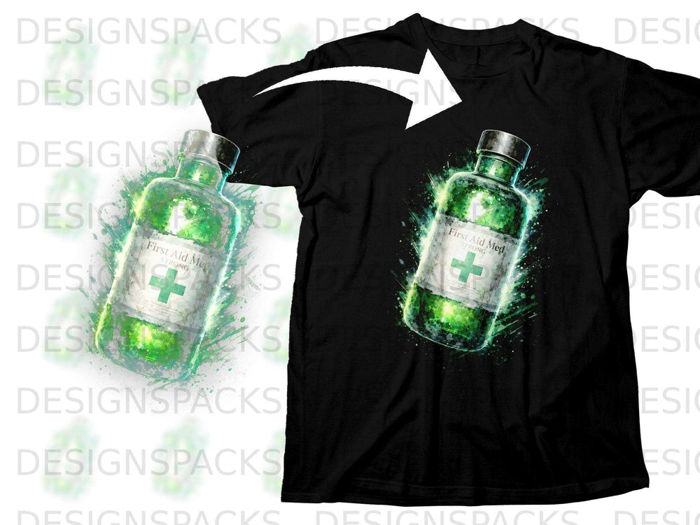 Black t-shirt with a green "First Aid Med Strong" bottle graphic.