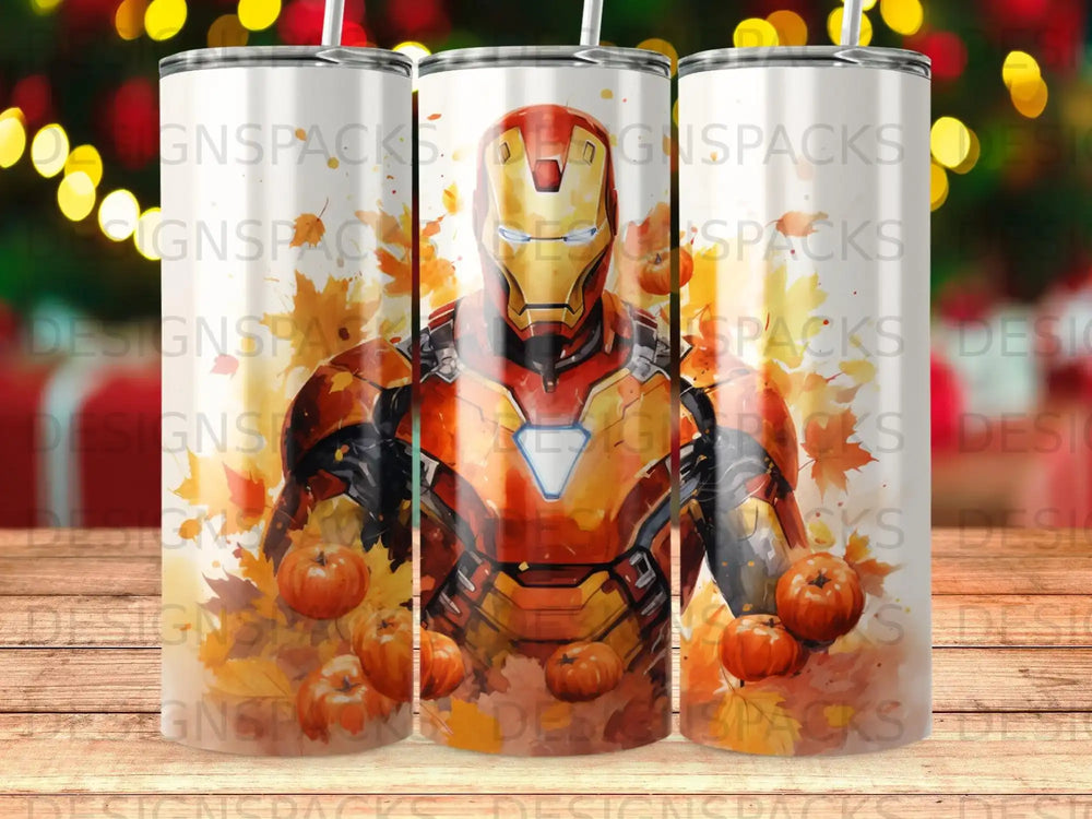 Iron Man superhero surrounded by fall pumpkins, on a tumbler wrap.