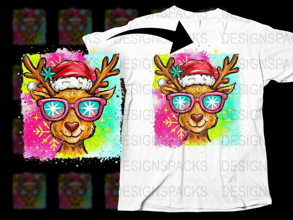 Colorful Reindeer T-Shirt with Glasses, Christmas Holiday Graphic Tee, Unisex Fashion Top for Winter Season