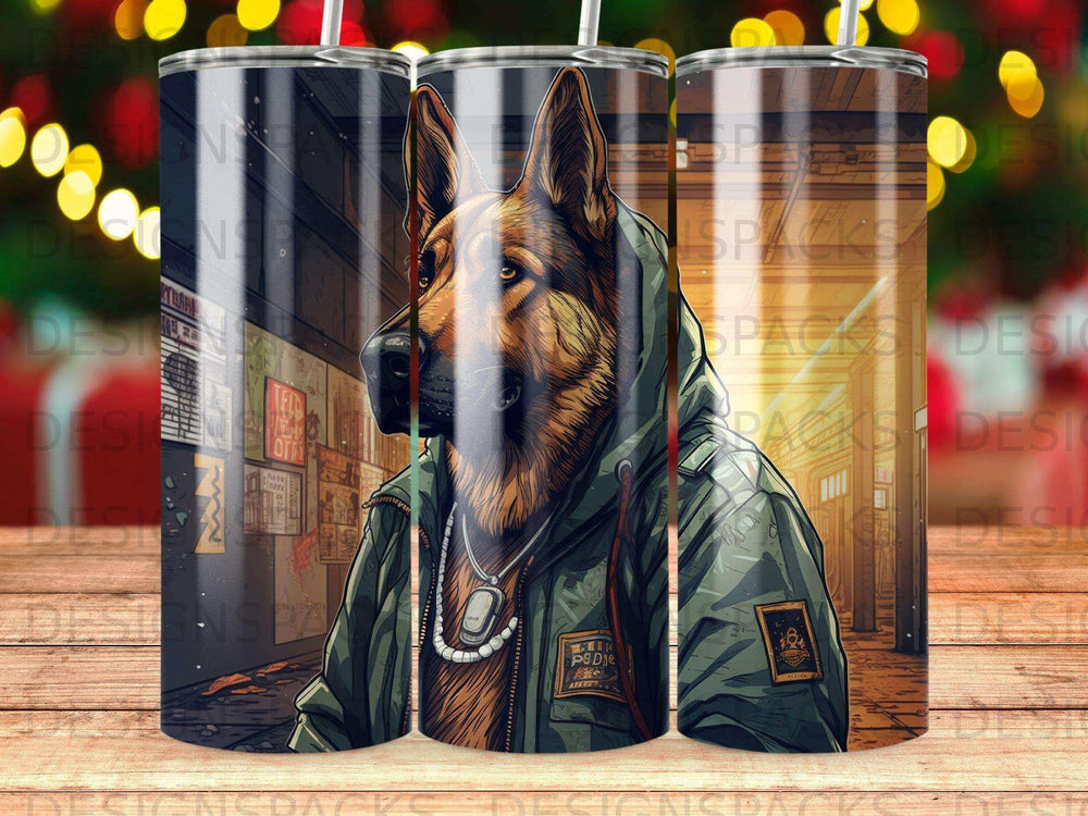 German Shepherd in a hoodie and necklace, urban street background.