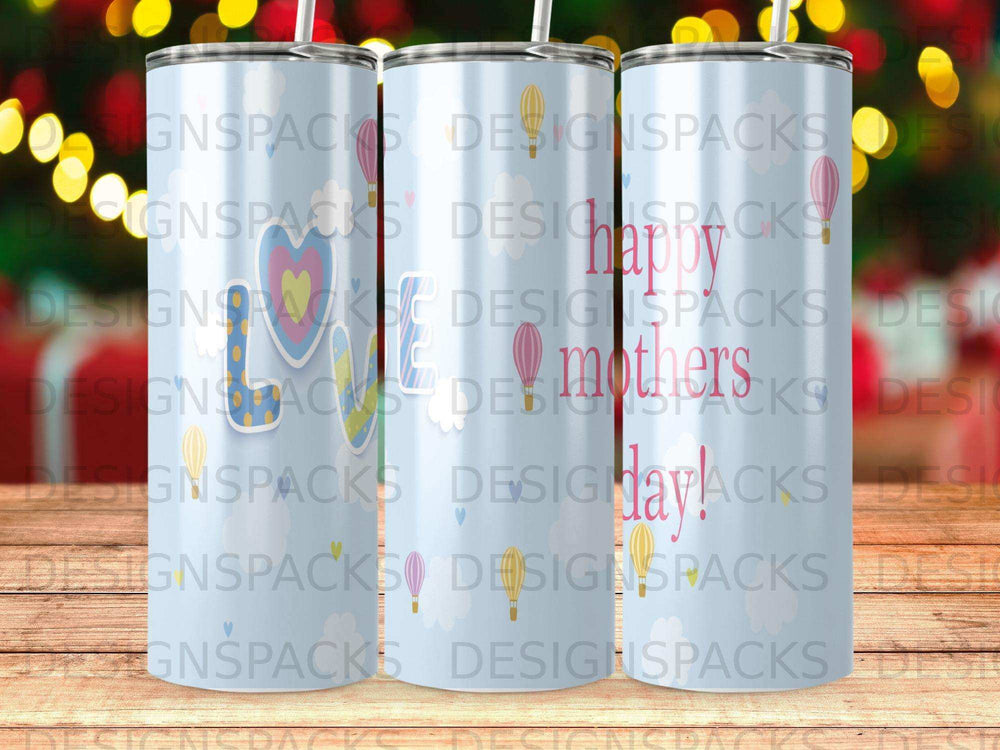 Three tumblers with "Happy Mother's Day" design and colorful heart graphics.