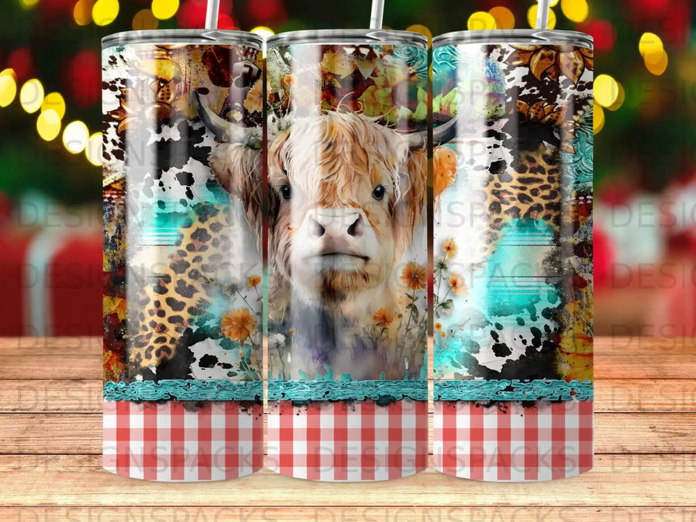 Highland cow with floral and leopard print design on a tumbler.