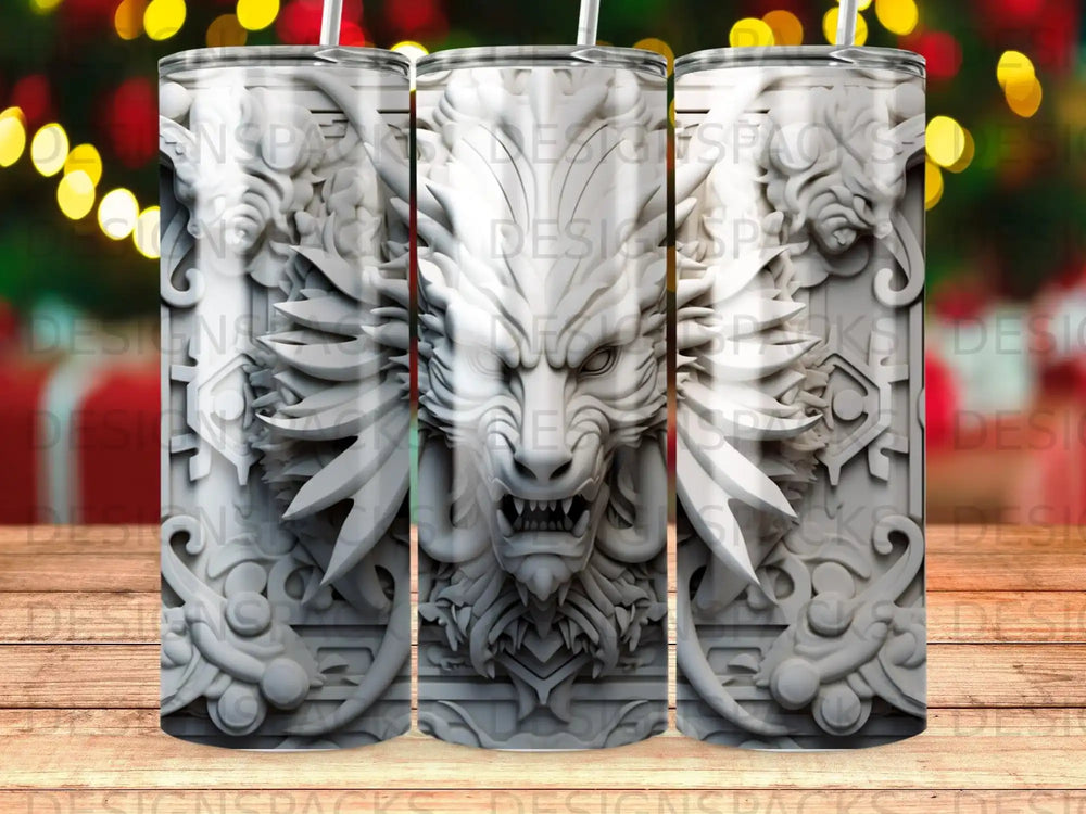 White wolf head relief on a cylindrical tumbler with blurred bokeh background.