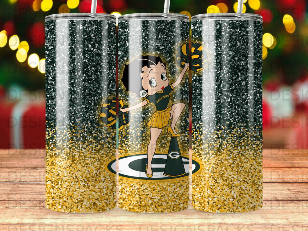 Betty Boop in Packers uniform with pom-poms, on a sparkly background.
